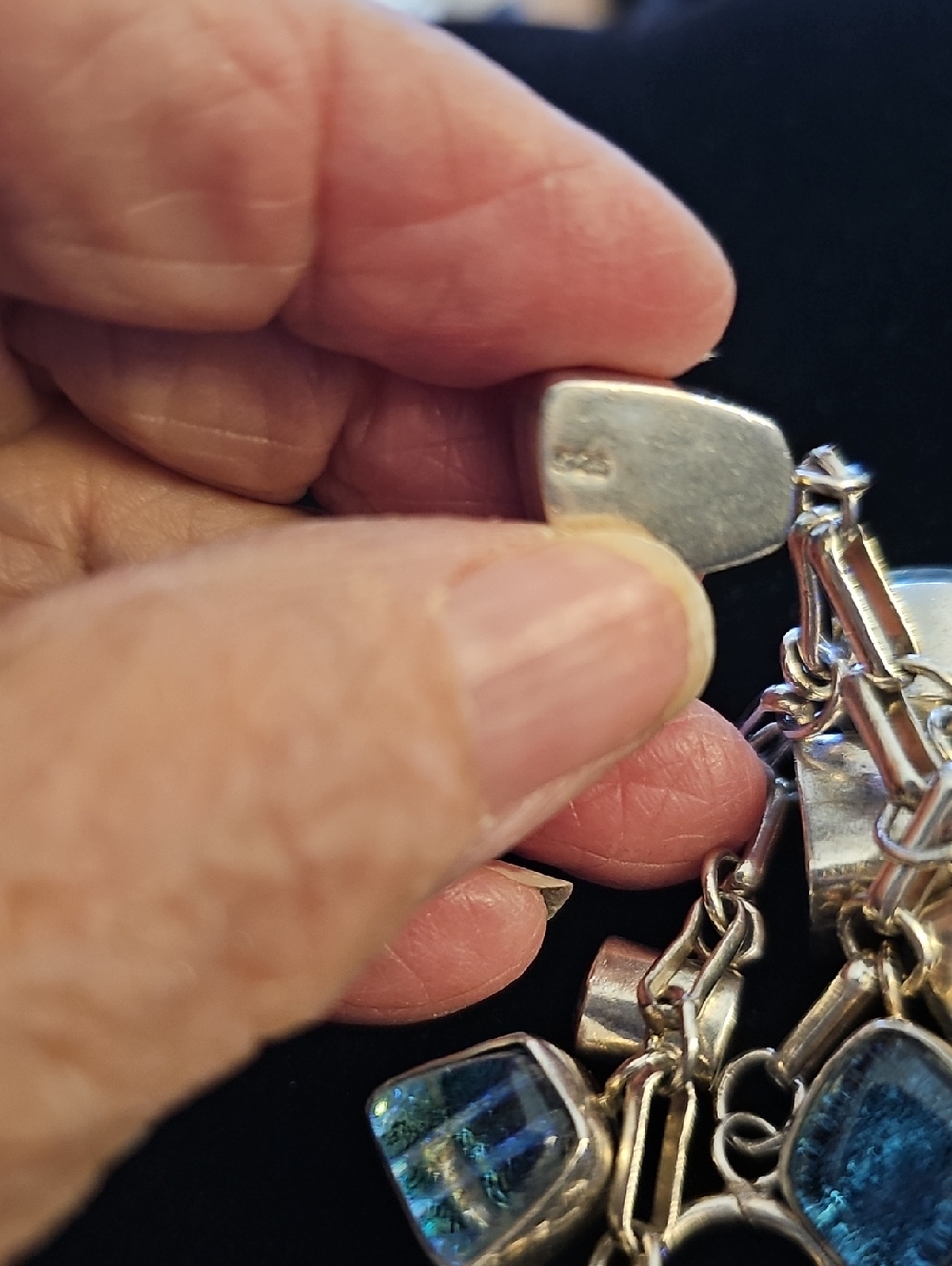Sterling Silver Blue Dichroic Glass Charm Bracelet - Women's Jewelry. Beautiful - Picture 4 of 8